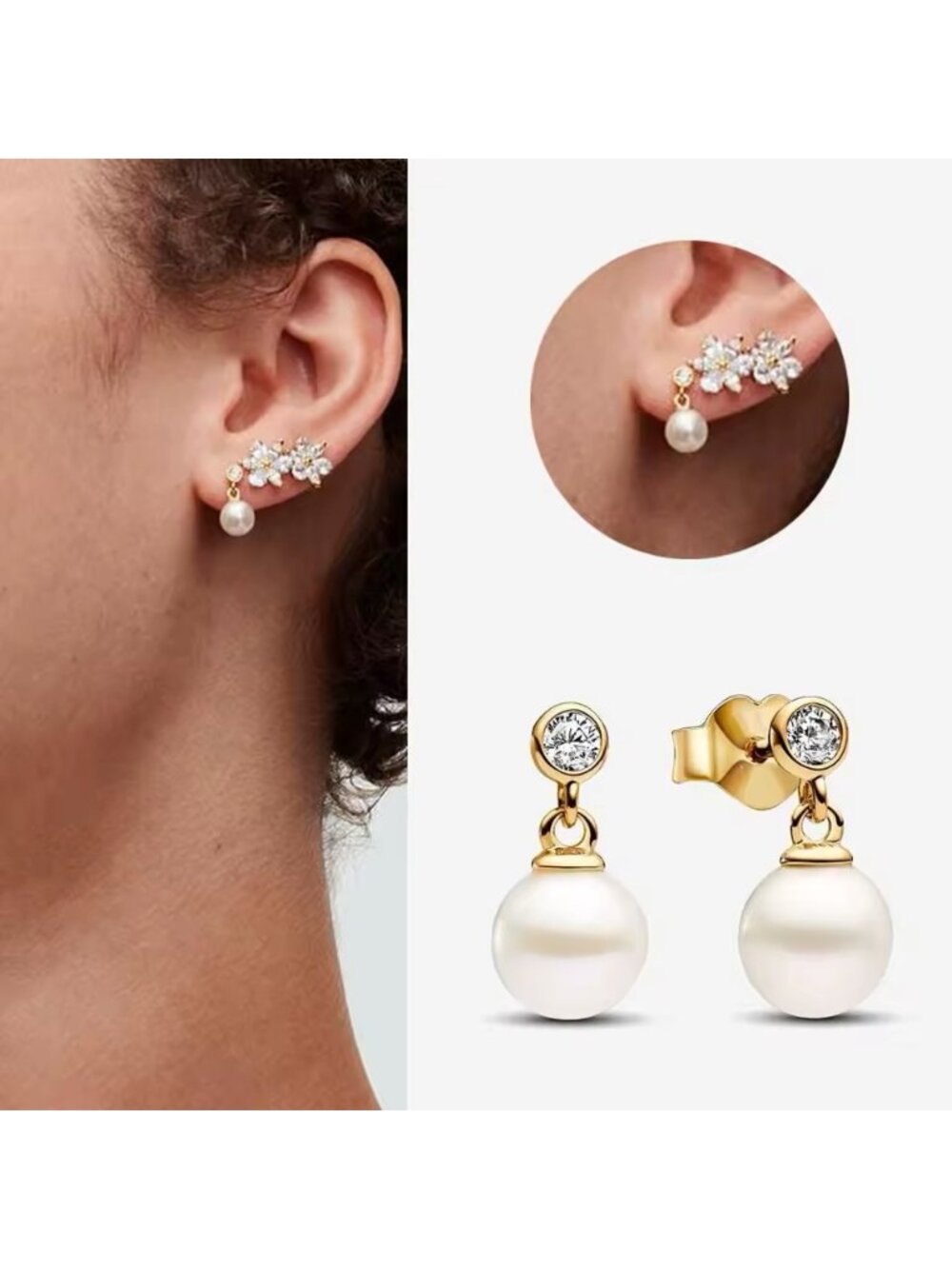 1pair Pandora earrings Gold Rose Gold Pearl Crystals Dangle Pin and MORE